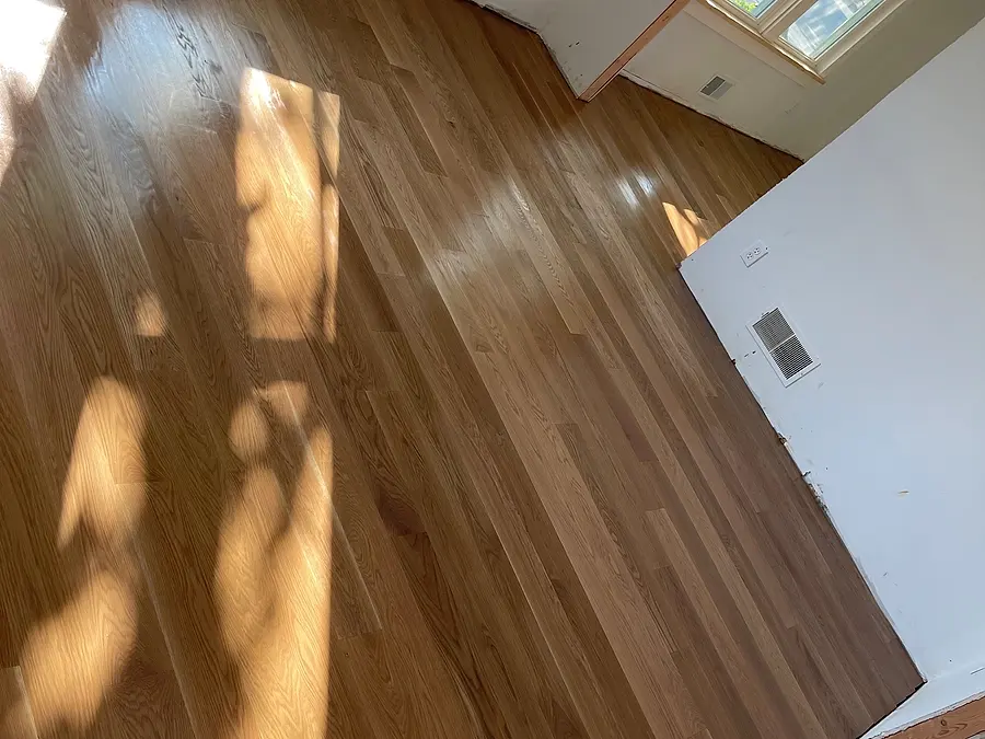 Refinished hardwood floor catching afternoon sunlight
